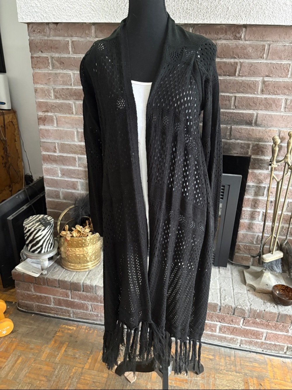 Black Open Front Fringe Knit Cardigan - Women Sweater Shrug